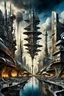 Placeholder: a stunningly weird image of a futuristic metropolis using Salvador Dali's paranoiac-critical method, where buildings and structures appear to melt into the skyline cityscape is filled with floating mad, twisted sharp metal shapes that interact with the buildings and each other, forming a surreal tableau of a dreamlike reality. neu-steampunk vibe, essence of the scene in a cinematic manner, with dramatic shadows that enhance the distorted perspectives and bizarre, futuristic surreal vibe