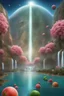 Placeholder: Future city. Designed by Islam on the mountains of Dhubarjad Waterfall pouring into Lake Yaqout Al-Ahmar. Rose trees and exotic fruits. The sky is colored with stars and planets.