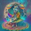 Placeholder: celestial psychedelic wolf made of fractals wearing a mexican jacket sitting on a giant mushroom in between stars, extatic, happy