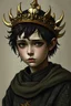 Placeholder: a sad medieval blackhaired boy in a crown with sculls
