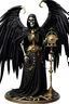 Placeholder: older skeleton dressing a long black and old tunique, hood, long sleeves, big black bird wings, black armor, golden neck lace, big key and sand clock