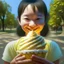 Placeholder: bust of chinese girl hobbit, smiling, happy, symmetrical eyes, soft light, durian, bananas, insects, lamp, soft light, RTX, style Léon Frédéric