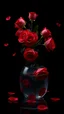 Placeholder: The image is a digital artwork that depicts a branch of red roses tangling in to a water in vase with aThe rose floats on the surfaces of the water, creating a wave-like effect. The background is black, which makes a branch of a tree of red roses stand out even more. are scattered adding to the dreamy, ethereal quality of the image.