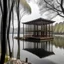 Placeholder: rstaurante con volumenes entre lazados de palillos chinos, en un lago, de estilo moderno rodeado de arboles