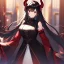 Placeholder: Clear focus,High resolution, Black sleeveless fluffy Shirt, Black short skirt with Red under it, Cut sleeves that are Black, Standing still, Black long hair, Red eyes, Red horns
