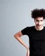 Placeholder: A slim relatively high guy with wild curly bright hair teeth and wearing black skinny jeans and a t-shirt