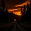 Placeholder: dark night, orange sunset colors in the sky, a lonely cottage with the lights off in the distance on a mountain in the woods, a lonely dark figure walking down the road