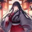 Placeholder: Clear focus, High resolution, long black fluffy hair, long locks, chopped bangs, purple eyes, wearing a samurai outfit that is red and white, wearing a red skirt, (solo), thick line art