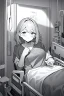 Placeholder: girl in bed, hospital patient room, greyscale