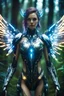 Placeholder: Close up Facing Front night photography Beautiful Angel woman cyborg cybernetic ,futuristic warframe armor, straddle wings in Magical Forest full of lights colors,glowing in the dark,Photography Art Photoshoot Art Cinematic Soft Blur Colors