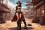 Placeholder: photorealistic exotic sci-fi steampunk pin-up girl in boots, in a futuristic sci-fi wild west town