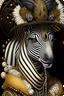 Placeholder: Beautiful Zebra witch black and white, brown, orange and gold front wiev textured detailes skin,and fur portrait, wearing rococo style witch hat adorned with white Golden beads, gold dust pearls organic bio spinal ribbed detail of rococo floral, white african background extremely detailed, athmoshpheric, hyperrealistic maximálist concept art