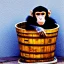 Placeholder: a monkey in a barrel in a town square