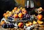 Placeholder: Create a masterpiece an oil painting on cracked canvas: of a Gleaming melting chrome serving tray with spent wine, partially decayed grapes, peaches, oranges, lemon's, walnuts, discarded dry stale bread and mouldy cheese, cloth draped over an old wooden ultra textured table, ultra-realistic portrayal, 8k resolution, rich cool tones, intricate textures, reflections, flawlessly polished exteriors, rule of thirds futuristic concept art of a still life Masterpiece. Modifiers: trending on Artstation