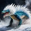 Placeholder: a sturdy colorful arctic drake curly white fur, smokey breath and fire, claws, spikes along back, a long tail, moving forward towards viewer, wrapped in smoke