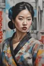 Placeholder: ultra detailed urban modern portrait painting of a Korean woman in a modern korean dress with urban graffiti background