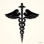 Placeholder: glowing fantastical caduceus symbol with two serpents coiling around a staff, concept art, minimalism, dark negative space, by Petros Afshar