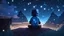 Placeholder: Minecraft Character, minecraft theme, purple starry sky, meditating, aesthetic, facing back