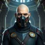 Placeholder: bald male corellian jedi wearing gunmetal grey and black old republic armored flightsuit and breath mask with gold and metallic red trim inside the jedi temple, centered head and shoulders portrait, hyperdetailed, dynamic lighting, hyperdetailed background, 8k resolution, volumetric lighting, light skin, fully symmetric details