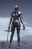 Placeholder: Futuristic metal armored girl, holding long heavy sword on shoulder,