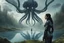 Placeholder: A woman with dark hair, in an android suit, looking out over a lake, in an alien forest, with tall cloud trees, flying Portuguese men of war with octopus tentacles