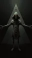 Placeholder: A demonic figure with a triangular body with long arms and creepy small eyes that is floating in a dark room