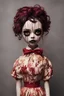 Placeholder: full color, illustration of a darkred and gold tones, menacing, Singer Melanie Martinez face, as a decayed, broken, crude homemade cloth doll toy, with a narrow cracked porcelain face, thick dark eyebrows, hair in two gradually, made from ragged strips of cloth, in the style of Alex Pardee, Tim Burton, and Nadya Sheremet