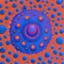 Placeholder: Hallucinatory, anthropomorphic, quariaring, slight texture, psychedelic, magenta and violet slight pastel colour:: an increasingly darker blue background from the outside to the centre, with an orange spot in between