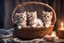 Placeholder: Cute stuffed kittens lie in a carved basket on a soft sling, by candlelight