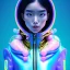 Placeholder: asian woman teenager, few freckles, gold teeth, padded coat, soap bubbles floating, retro futuristic, latex dress, gradient color, BLUE, PINK, CYAN, neon, insanely detailed, 16k resolution, perfect eyes, cinematic smooth, intricate detail