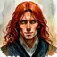 Placeholder: dnd, fantasy, watercolour, stylistic, portrait, illustration, dull colours, male, face, narrow long face, weathered face, green eyes, determined, happy, red hair, very long hair streaming down the shoulders, radiating light, five o'clock shadow