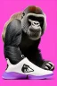 Placeholder: a profile picture of a small gorilla sitting in a purple Converse sneaker, like it's a car, comic style