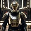 Placeholder: star wars bald male corellian pilot wearing pearlescent black and gunmetal grey First Order special forces heavy assault armor and helmet with gold trim inside the jedi temple, centered portrait, hyperdetailed, dynamic lighting, hyperdetailed background, 8k resolution, volumetric lighting, light skin, fully symmetric details