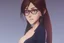 Placeholder: full body of a brown haired anime manga pregnant girl in dark blue dress with eyeglasses