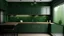Placeholder: kitchen with dark green furniture, forest wallpaper on a white wall, very realistic