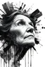 Placeholder: A surreal digital painting of an old woman's face dissolving into abstract black and white brushstrokes and pixelated glitches. Her eyes looking up , and she appears serene, as if lost in a dream or transcending reality. The background is minimalist, emphasizing the contrast between fluid ink-like drips and structured geometric distortions. High-detail, high-resolution, monochrome with soft lighting and dramatic contrast.