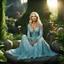 Placeholder: [high res photo centered on gigantic growing plants by Neil Gaiman] Kristin Chenoweth as ostara in American gods (2017) the goddess of Easter peacefully sits on a stone in her garden, The plants are too close to her, they wrap themselves around her legs, pushing them apart. Ostara enjoys it, she lets herself be embraced, her head thrown back, her hands on her stomach, surrounded by gold flowers coming from Nicolas de Staël's dreams