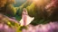 Placeholder: A gorgeous smiling blonde model in a fairy outfit with great glittering wings in a hills of flowers with 1000 y/o trees, a small torrent, loads of mini flowers, moss, sun rays through the branches, particles in the air at spring