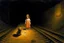 Placeholder: in a tunnel little girl is holding a teddy bear next to train tracks Zdzisław Beksiński