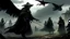 Placeholder: Surreal and dark scene with a large ominous bird-like figure wearing a black cloak and plague doctor mask in the middle, side view, up in the sky in a hurricane and looking down, where two armored knights are fighting in the foreground of the battlefield