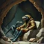 Placeholder: matte oil painting of a futuristic prehistoric cave with a retro futuristic robotic raptor pet, caveman wearing a leopard print suit relining in a stone bacalounger