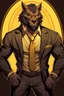 Placeholder: Buff, anthro, wolf, himbo, black fur, gold eyes, wearing a suit, full-body, muscles, strong, muscular, man boobs, bulky, tail, dark fur, smug grin, hands on hips, furry-himbo, broad shoulders, wide hips, big chest, big muscles,