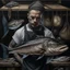 Placeholder: large pale Fishmonger with Sharkteeth and Tattoos dark realistic art