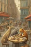 Placeholder: Wild animals eating at tables in a cafe street scene