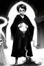 Placeholder: 7 year old boy, necromancer, friendly, looks dead,with a long lamprey emerging from his stomach, wearing black robes, with the lower body of a ghost in the style of Harry Clarke