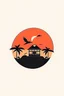 Placeholder: Minimalist logo, for a resort, cargo ship, sunset, palm trees, birds, huts, vector style