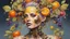 Placeholder: Punk woman 49 years old, hair made of Fruits, Grapes, tangerines, gold, gouache, watercolor, acrylic, paint drips, branches, fine drawing, golden makeup, bees, tattoo, robot, alien, bright colors, double exposure, high detail, high resolution, 8K, 3D, bees,