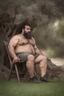 Placeholder: close up photography of a turkish ugly dirty burly muscular chubby farmer 36 years old, bullneck, strong arms, big belly, manly chest, very sweat, shirtless, short beard, tattoo, curly hair , short bulging pants, open legs sitting on a chair under an olive tree , big tights, barefoot, ambient occlusion, hyper detailed photography, photorealistic, 35mm lens, side light, frontal view from below, natural colors