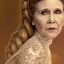 Placeholder: hyperspace background, complete and photo realistic detailed head to waist stunning photo realistic portrait of carrie fisher as Princess Leia in star wars with photo realistic updo hair by Mandy Jurgens and mucha and Richard Schmid and chuck close and chie yoshii, extraordinary and detailed ceremony dress of star wars,brown eyes