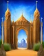 Placeholder: A gothic_arab gate in a blue tiled wall with a view of a desert landscape